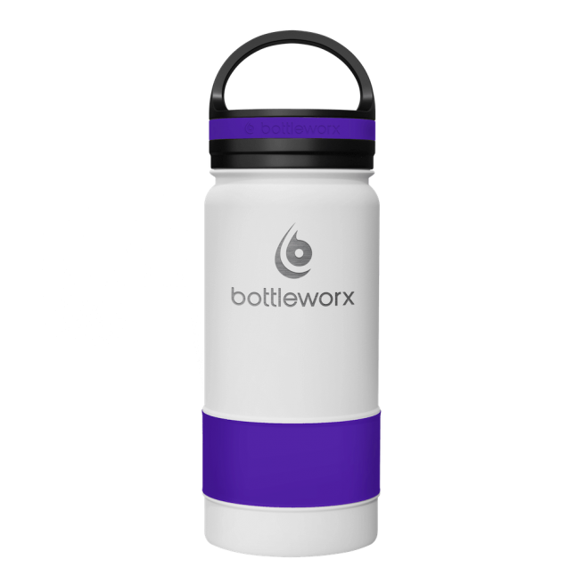 Insulated 16oz bottle, white body with purple band and black lid