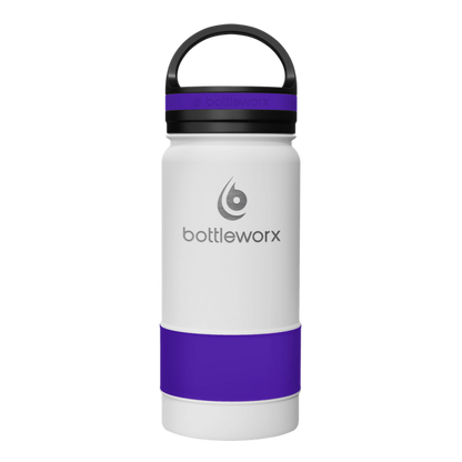 Insulated 16oz bottle, white body with purple band and black lid
