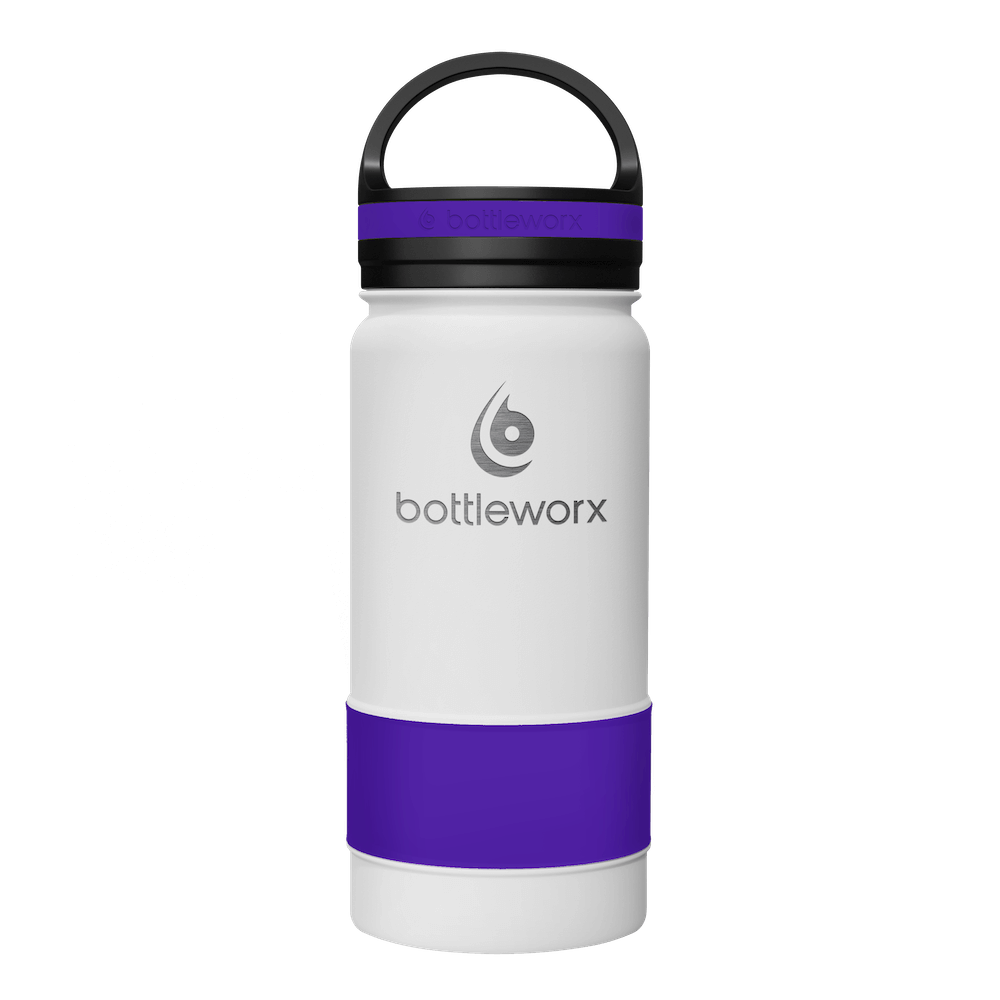 White insulated bottle with purple band, black lid and carry handle