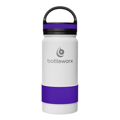 White insulated bottle with purple band, black lid and carry handle