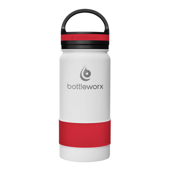 Insulated 16oz bottle, white body with red band and black lid
