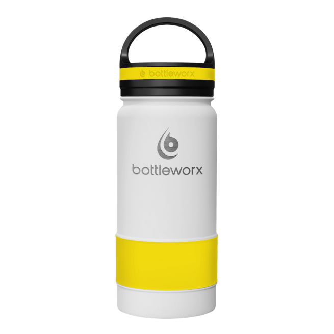 Insulated 16oz bottle, white body with yellow band and black lid
