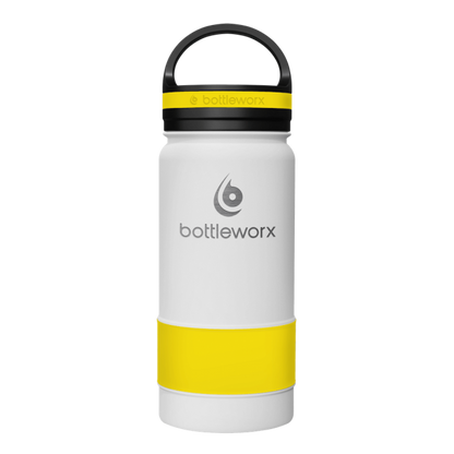 Insulated 16oz bottle, white body with yellow band and black lid