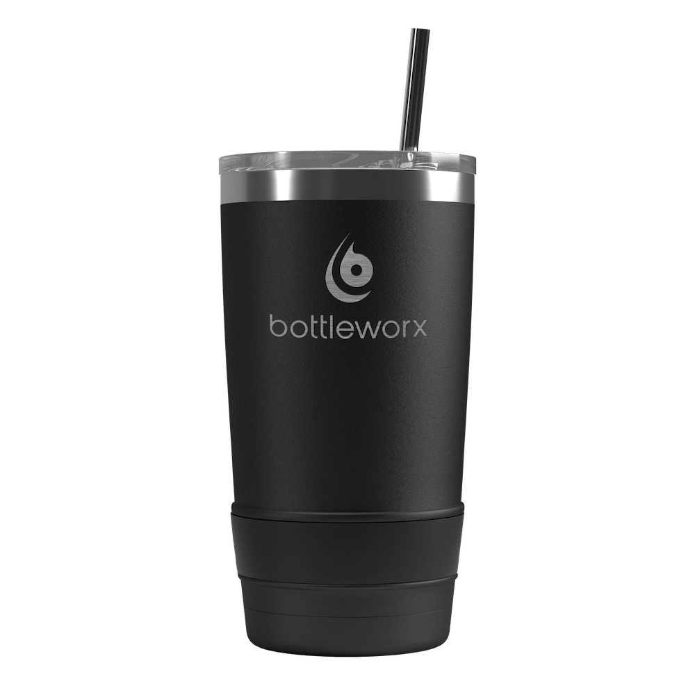 20oz tumbler with straw, matte black body with dark base band