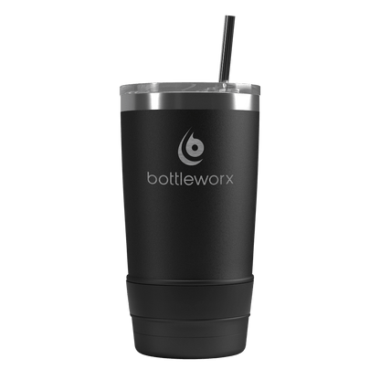 20oz tumbler with straw, matte black body with dark base band