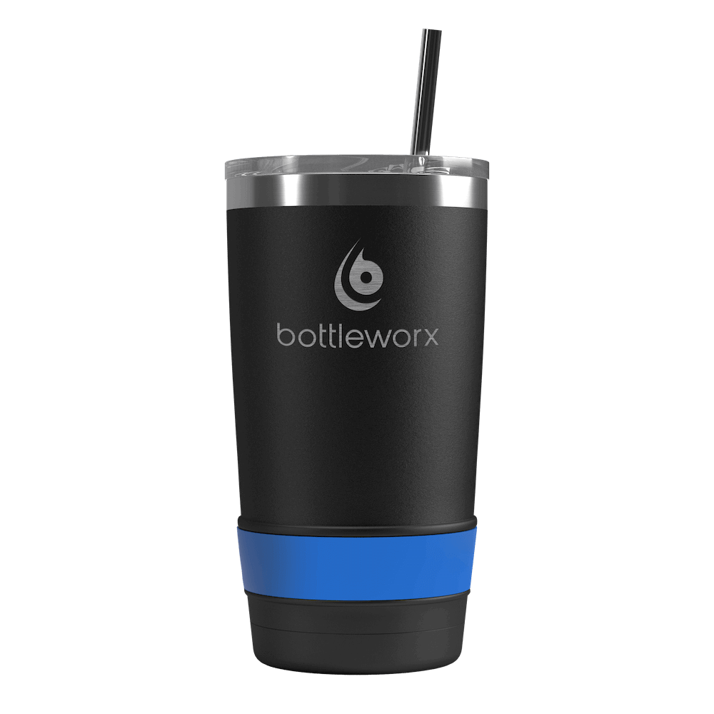 20oz tumbler with straw, matte black body and blue band at base