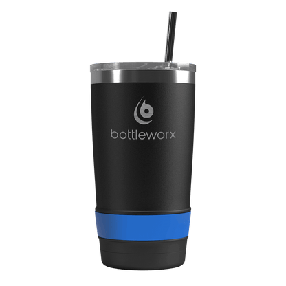 20oz tumbler with straw, matte black body and blue band at base