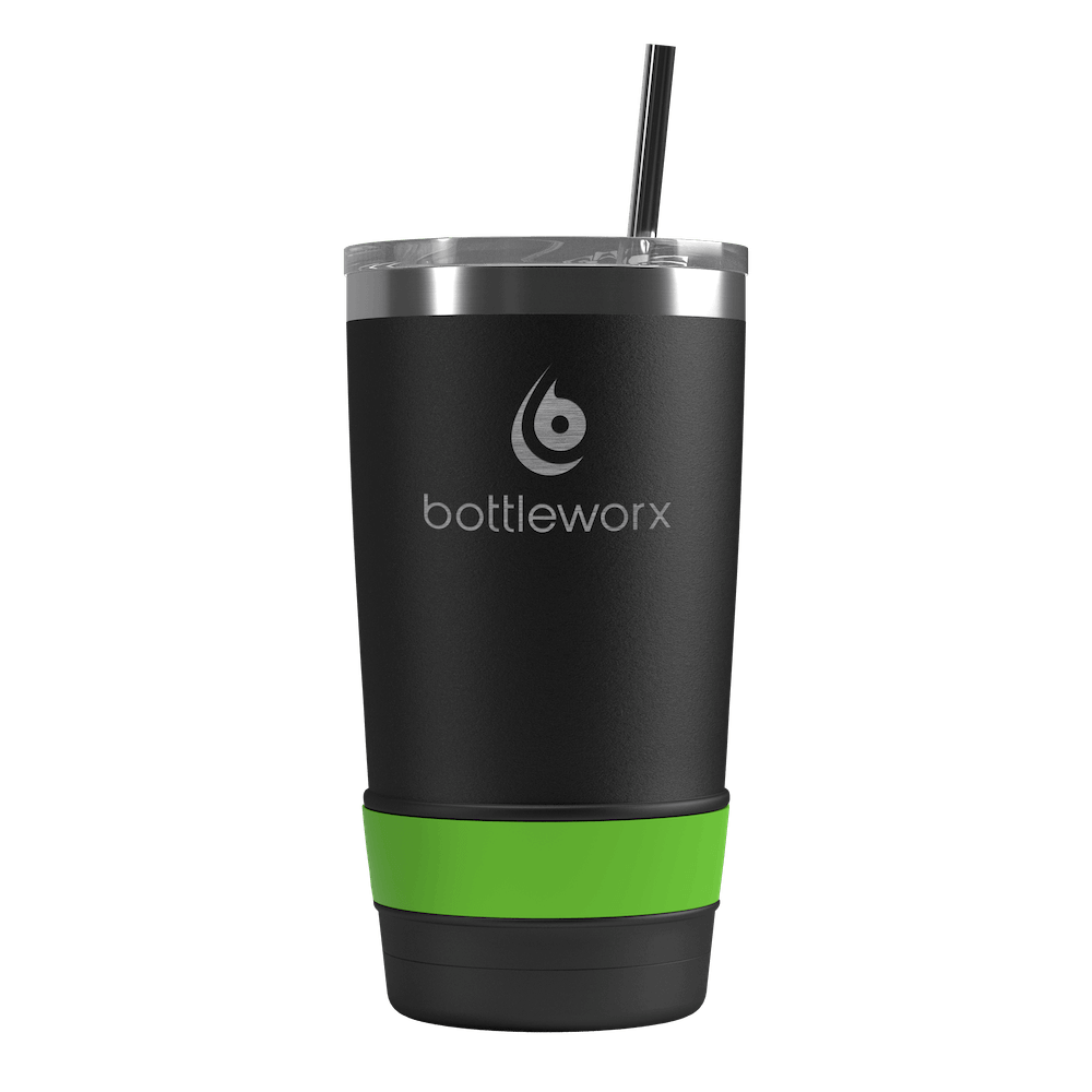 20oz tumbler with straw, matte black body and green band at base
