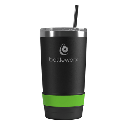 20oz tumbler with straw, matte black body and green band at base
