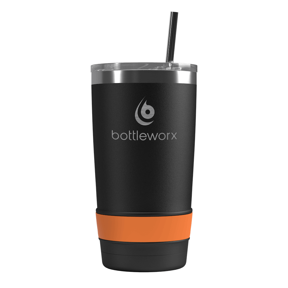 20oz tumbler with straw, matte black body and orange band at base