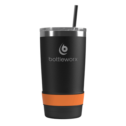 20oz tumbler with straw, matte black body and orange band at base