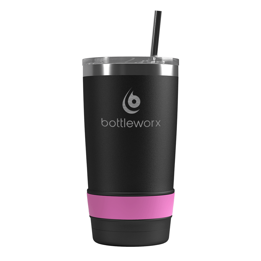 20oz tumbler, black body with pink band and straw; bottleworx logo