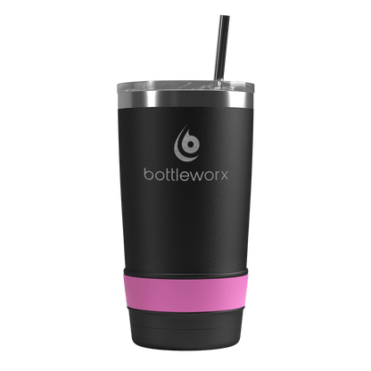 20oz tumbler, black body with pink band and straw; bottleworx logo