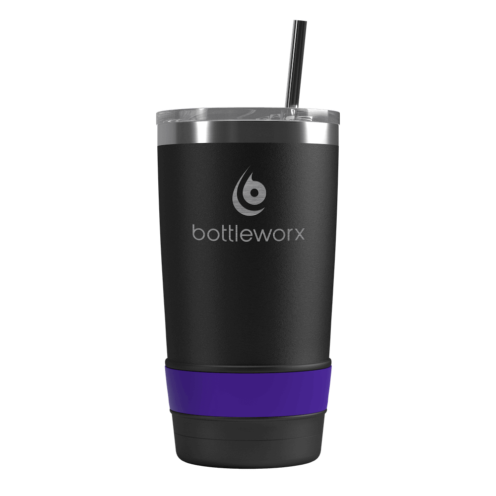 20oz tumbler, black body with purple band and straw; bottleworx logo