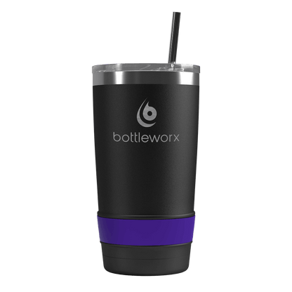 20oz tumbler, black body with purple band and straw; bottleworx logo