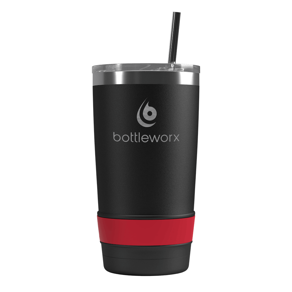 20oz tumbler with straw, matte black body and red color band at base