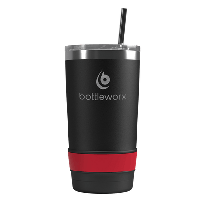 20oz tumbler with straw, matte black body and red color band at base