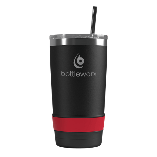 20oz tumbler with straw, matte black body and red color band at base