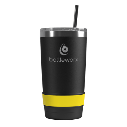 20oz tumbler, black body with yellow band and straw; bottleworx logo
