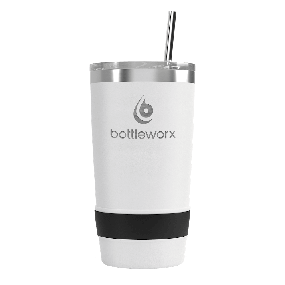20oz tumbler with lid, white body, black base band, clear straw, bottleworx logo