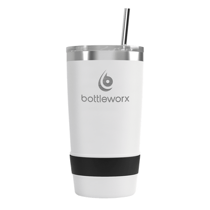 20oz tumbler with lid, white body, black base band, clear straw, bottleworx logo