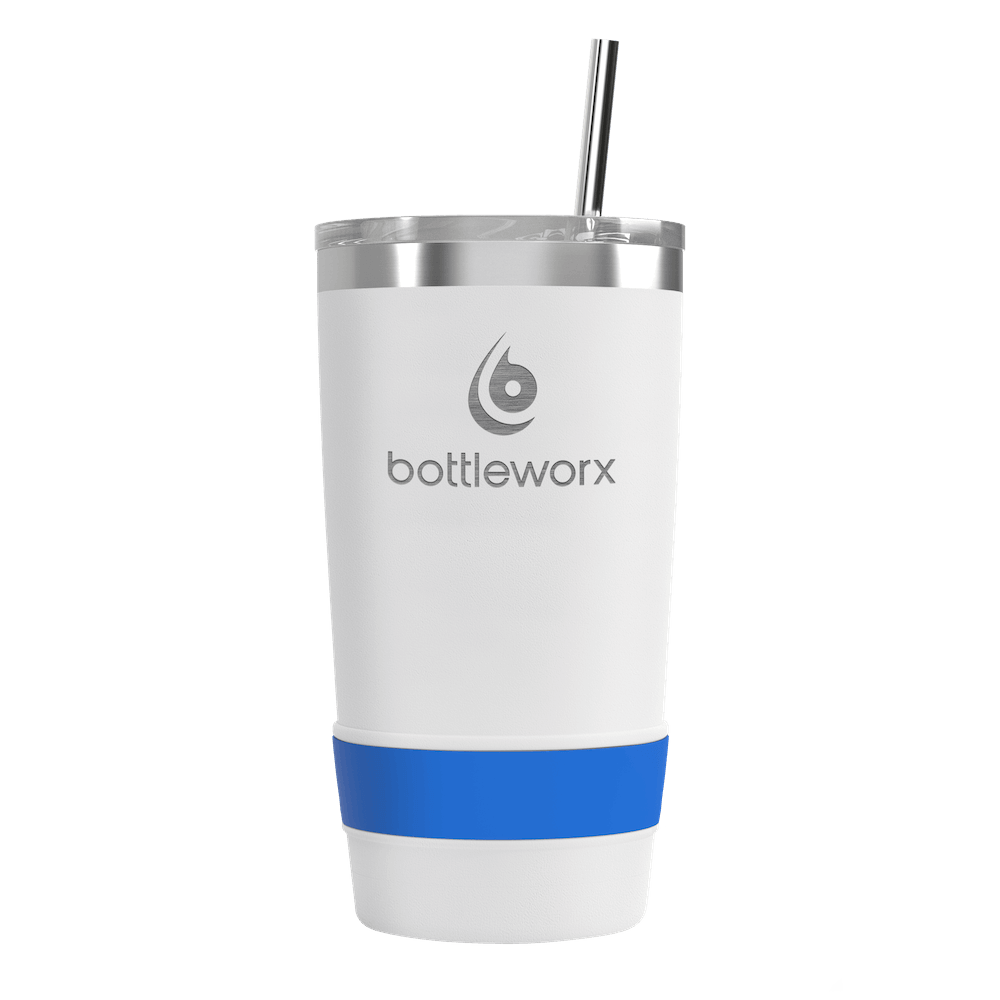16oz white tumbler with blue band and bottleworx logo, clear lid and straw