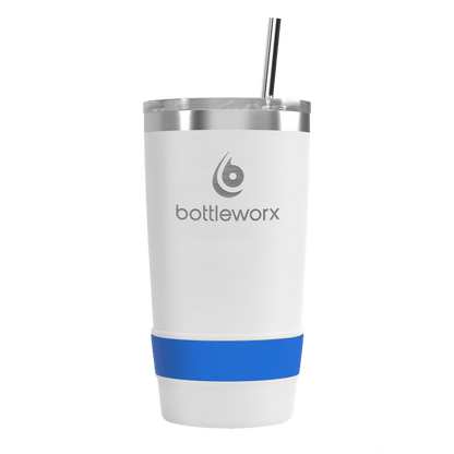 16oz white tumbler with blue band and bottleworx logo, clear lid and straw