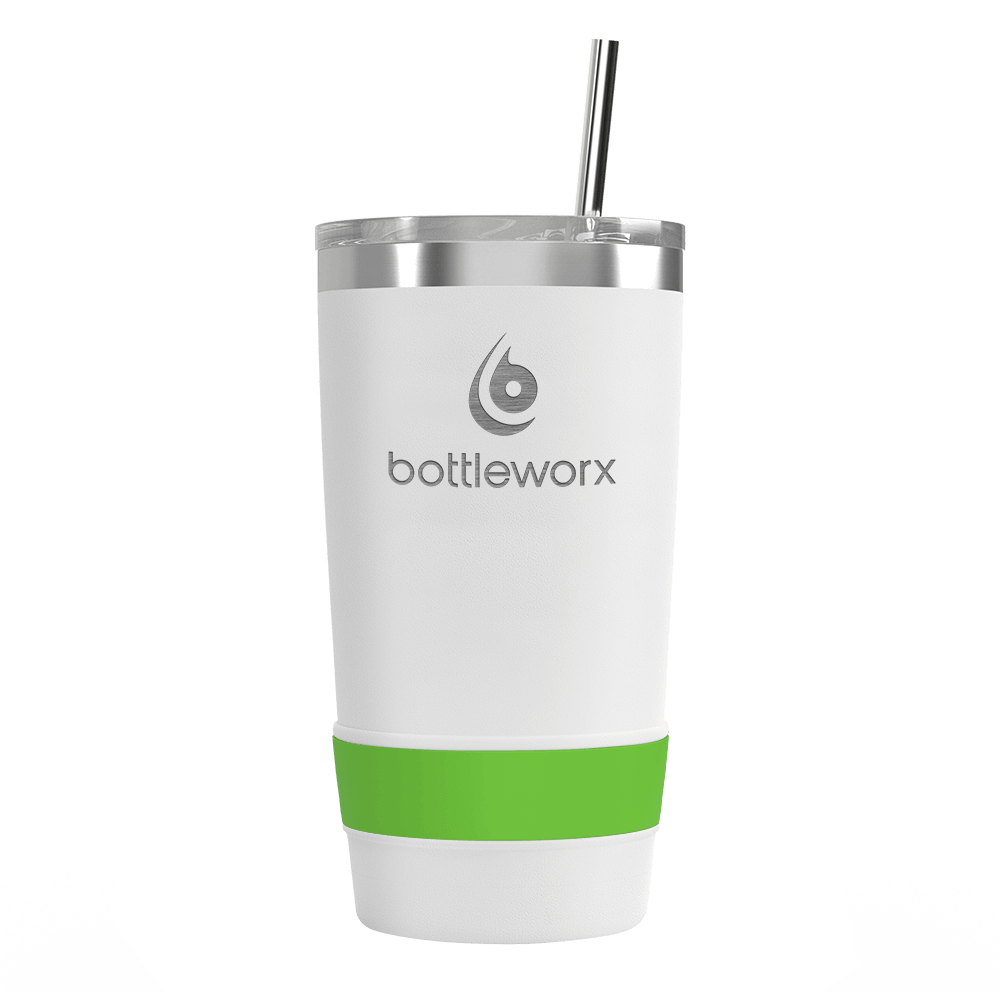 20oz tumbler with lid, white body, green mid band, clear straw, bottleworx logo