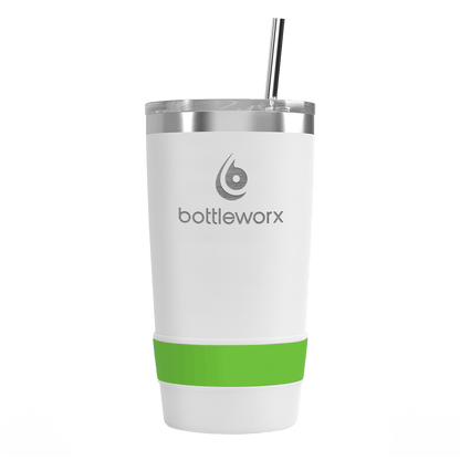 16oz white tumbler with green band and bottleworx logo, clear lid and straw