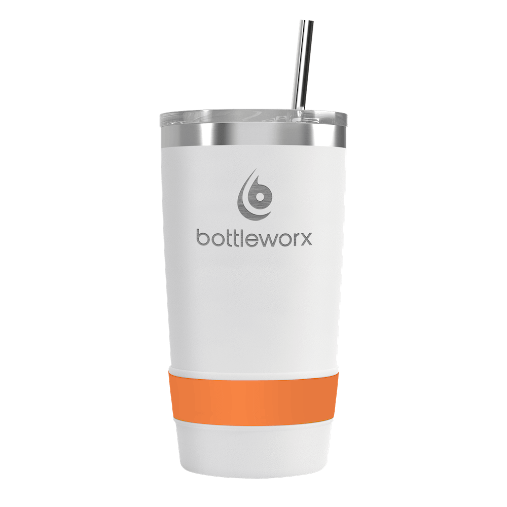 20 oz tumbler with straw, white body and orange wrap, metal lid, front view
