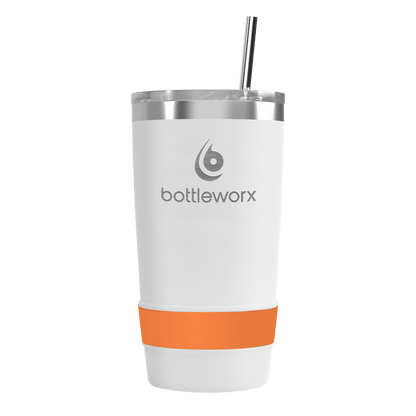 16oz white tumbler with orange band and bottleworx logo, clear lid and straw