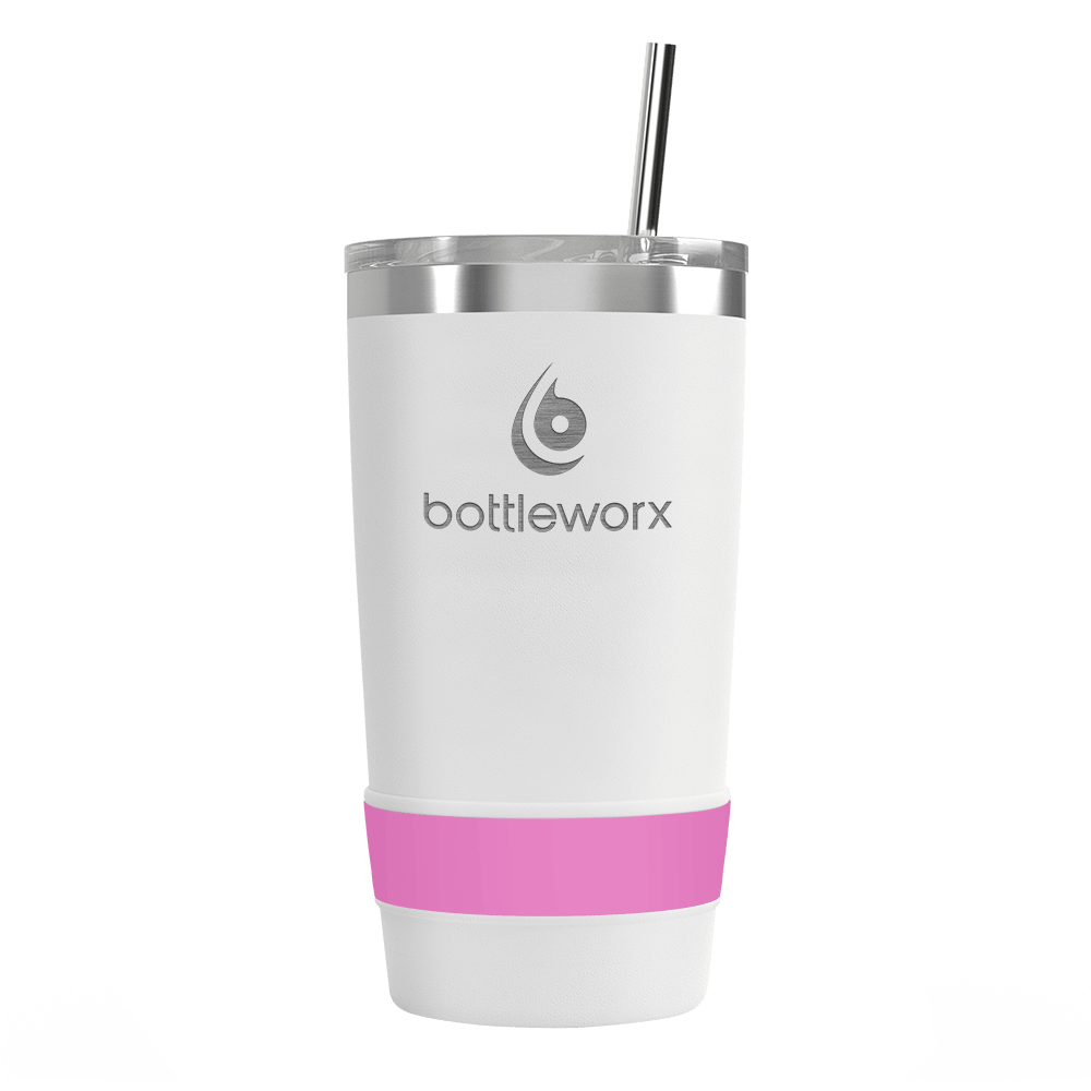 16oz white powder-coated tumbler with pink band, lid and straw