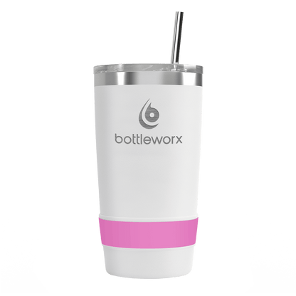 16oz white powder-coated tumbler with pink band, lid and straw