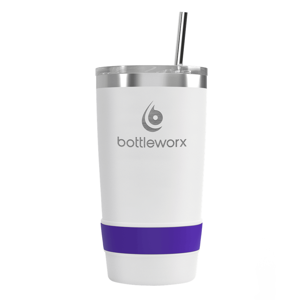 20 oz tumbler with straw, white body and purple wrap, metal lid, front view