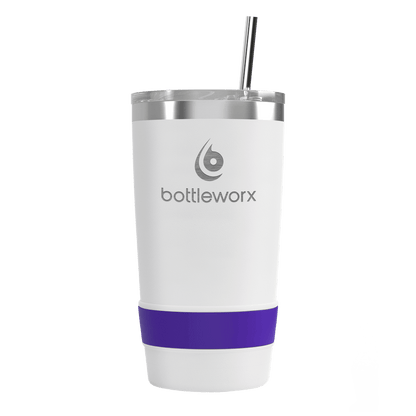 16oz white tumbler with purple band and bottleworx logo, clear lid and straw
