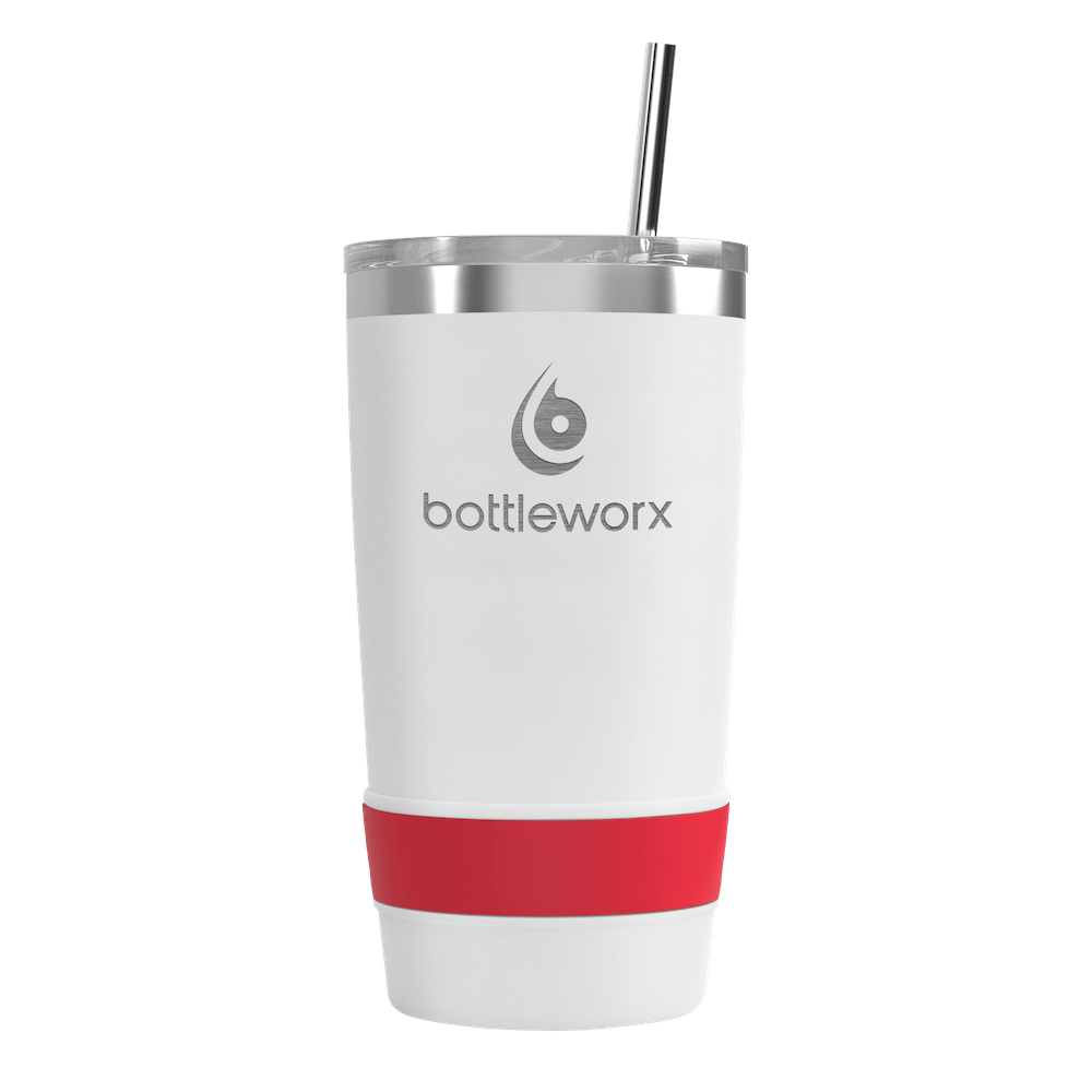 20 oz tumbler with straw, white body and red wrap, metal lid, front view