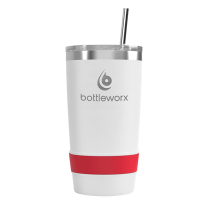 20 oz tumbler with straw, white body and red wrap, metal lid, front view