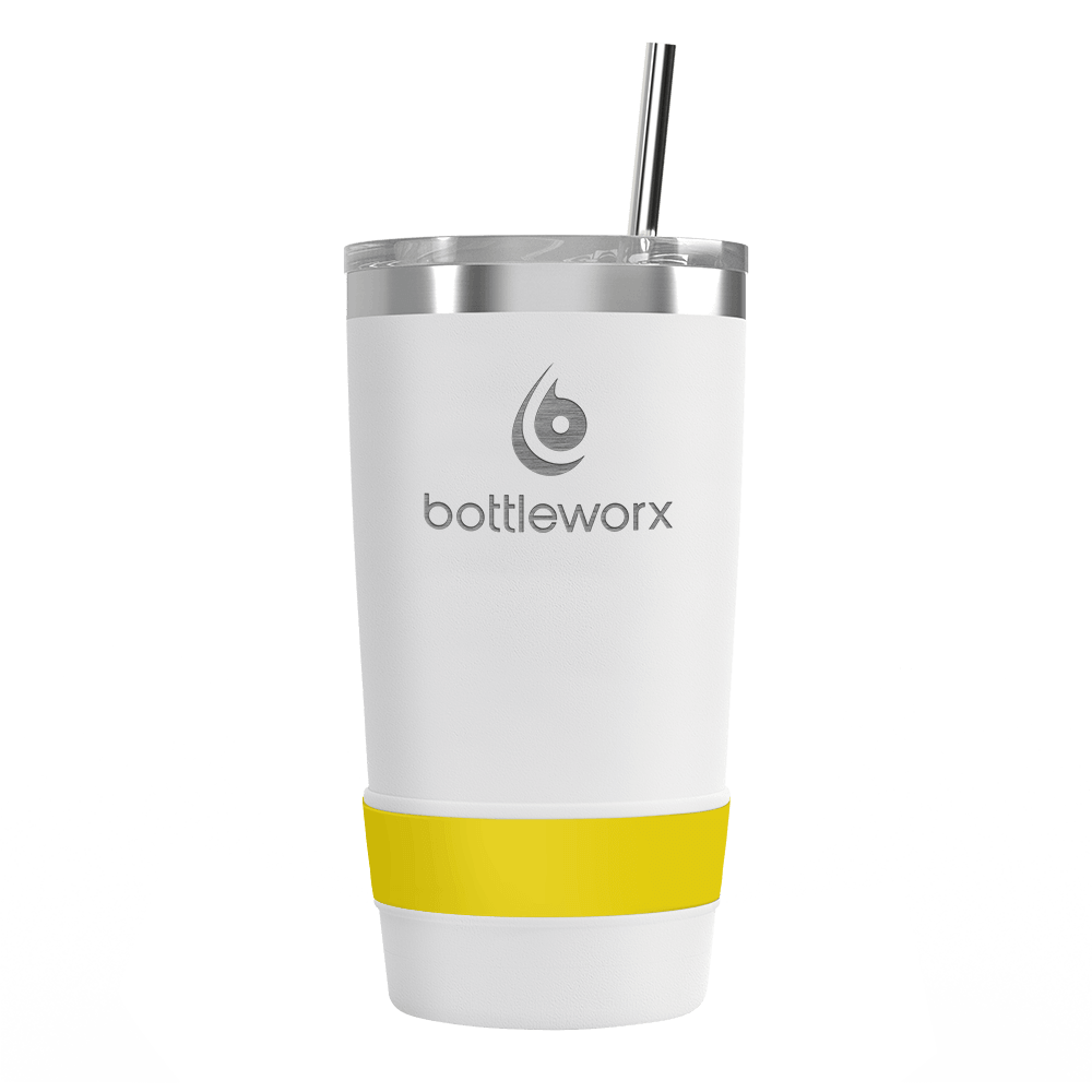 20 oz tumbler with straw, white body and yellow wrap, metal lid, front view