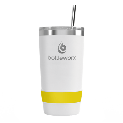 20 oz tumbler with straw, white body and yellow wrap, metal lid, front view
