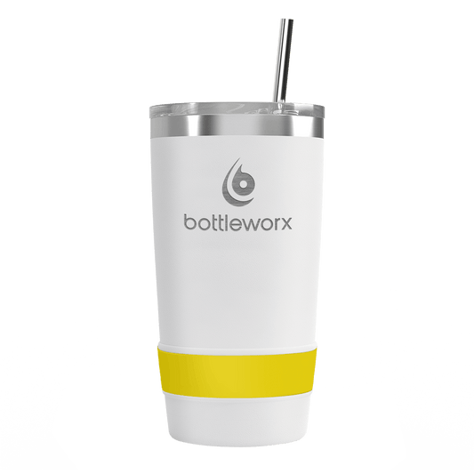 20 oz tumbler with straw, white body and yellow wrap, metal lid, front view