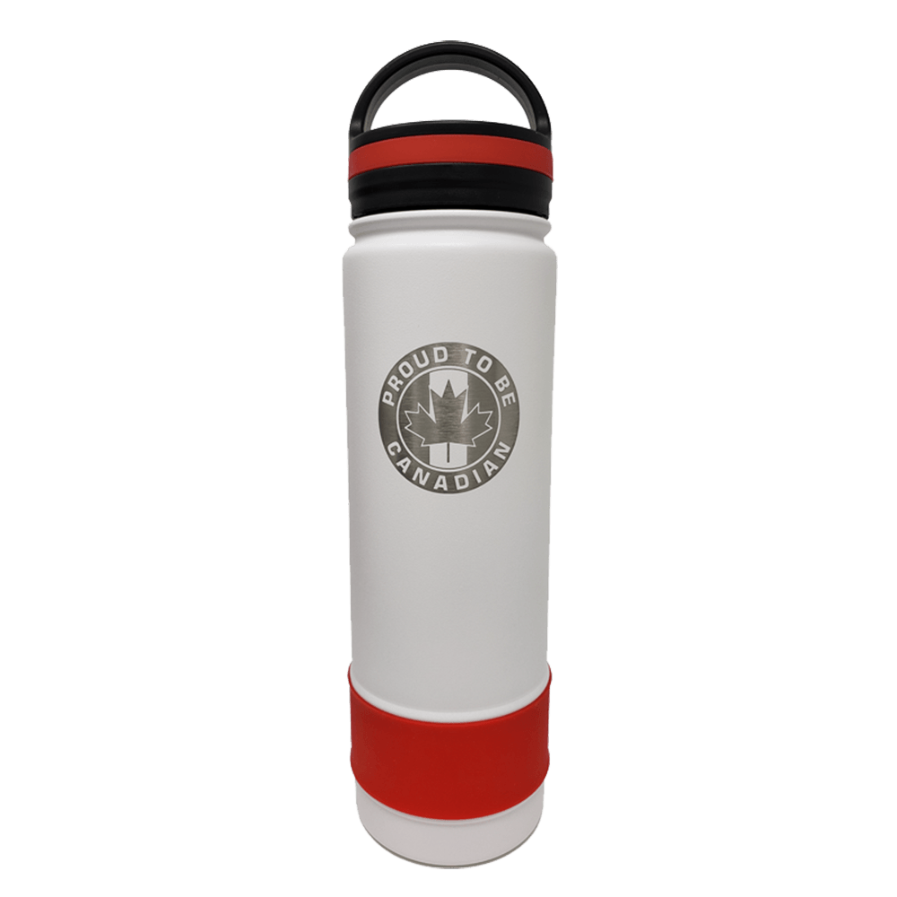 21oz insulated bottle with white body, red bottom, and black flip-top lid