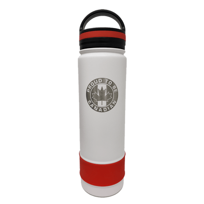 21oz insulated bottle with white body, red bottom, and black flip-top lid