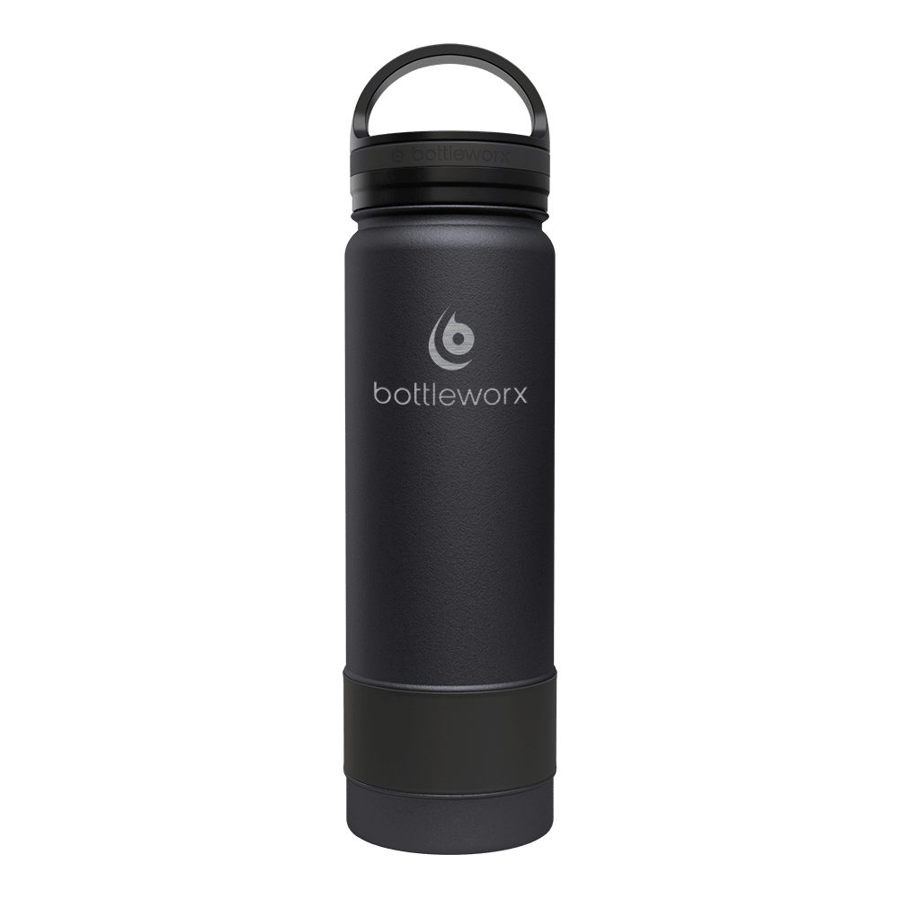 21oz insulated bottle, black finish with bottleworx logo and carry handle