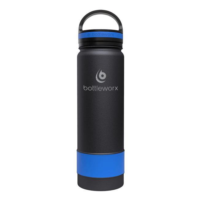 21oz insulated bottle with black body and blue accent band near the base