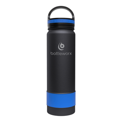 21oz insulated bottle with black body and blue accent band near the base