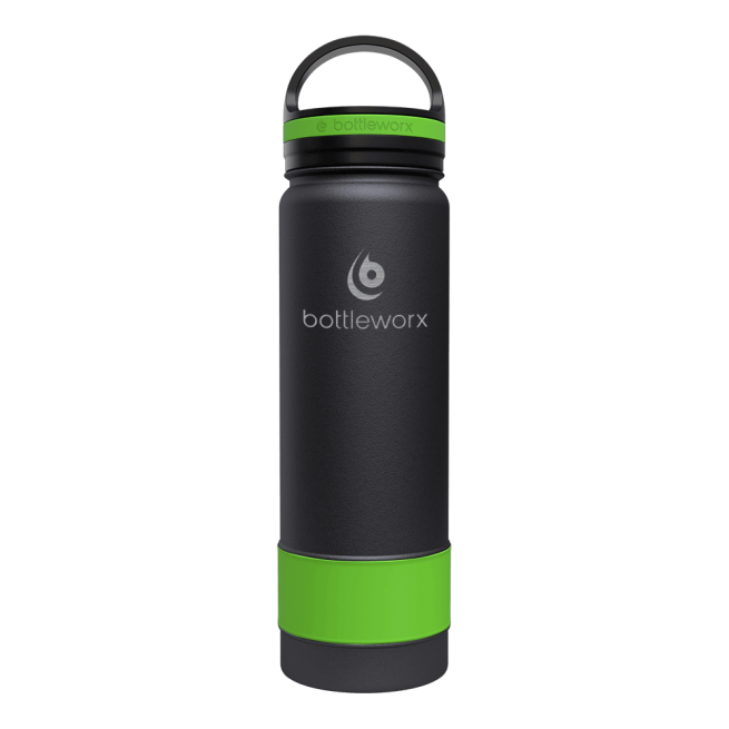 21oz insulated bottle with black body and green accent band near the base