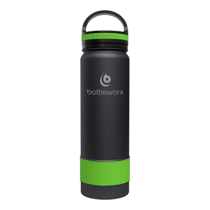 21oz insulated bottle with black body and green accent band near the base