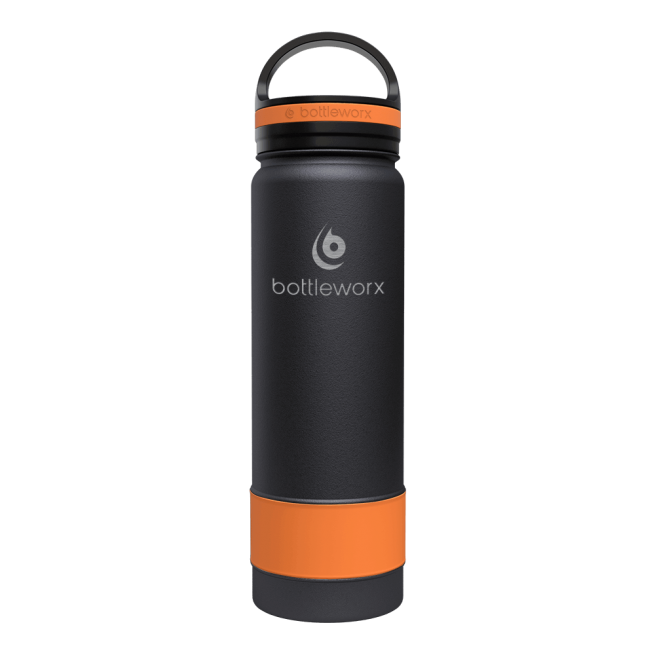 21oz insulated bottle with black body and orange accent band near the base