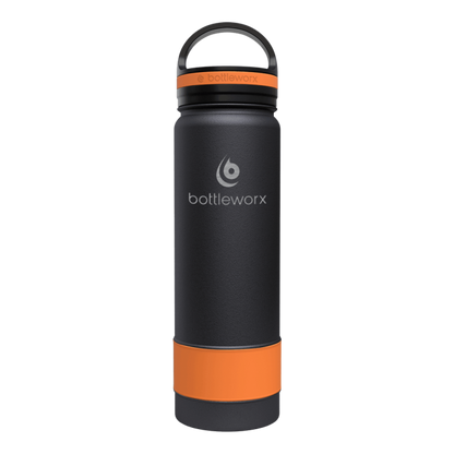 21oz insulated bottle with black body and orange accent band near the base