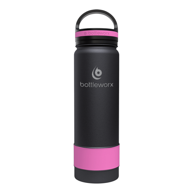 21oz insulated bottle with black body and pink accent band near the base